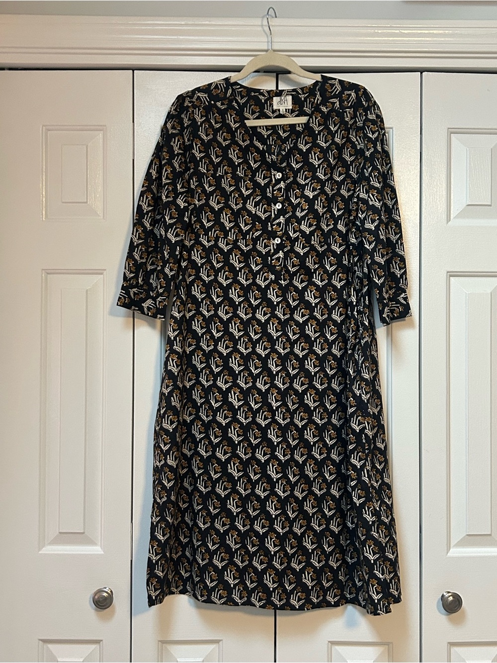 dRA Black Midi Dress with Cream and Tan Floral Pattern